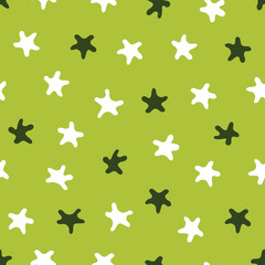 Stars pattern. Seamless vector illustration. Green and white elements on a light green background. Great for backdrop decoration, cards, wallpaper, textiles, fabric, wrappers, additions to the design.