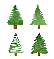 Watercolor set of cute christmas trees isolated on white background. 