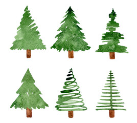 Watercolor christmas trees set isolated on white background.