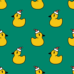 Xmas groovy yellow bath duck Santa hat funny seamless pattern background. Doodle boho Christmas and New Year cartoon doodle characters, decor wrapping paper. Vector clipart illustration.