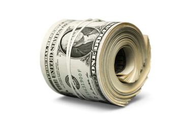 Dollar roll tightened with band. Rolled money isolated on white