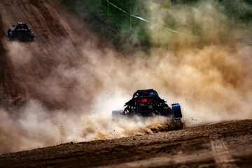 Racing sports car in dust clubs on the track , rally	