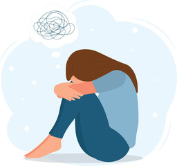 A flat vector cartoon illustration of a woman in a depressed mood, sitting on the floor and holding her knees, scribbling over her head. Mental health problems, burnout, depression. - obrazy, fototapety, plakaty