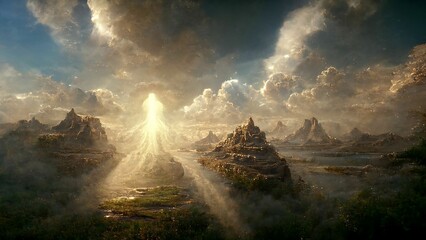 Ancient wisdom landscape with ethereal backdrop