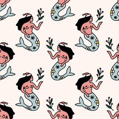 Obraz premium Xmas groovy Santa mermaid comic funny seamless pattern background. Doodle boho Christmas and New Year cartoon doodle characters, decor wrapping paper. Vector clipart illustration.