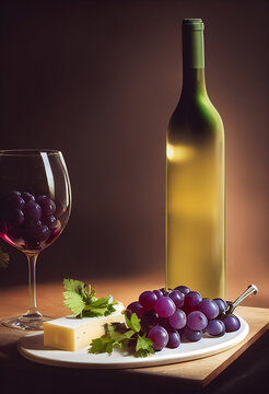 A bottle of wine with grapes and cheese plate. 3d illustration