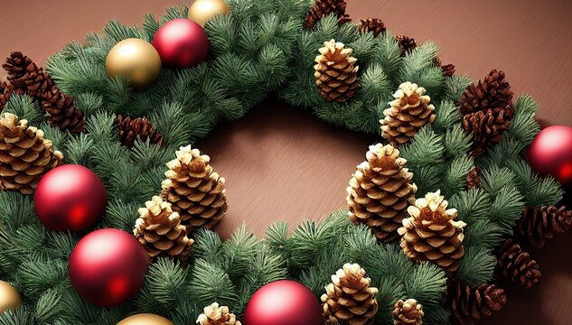 3D rendered computer-generated image of holiday wreath closeup. Fir and pinecones associated with traditional Christmas holiday. Evergreen living plant for a natural holiday look.