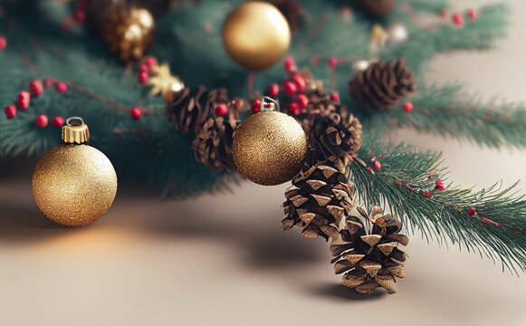 3D rendered computer-generated image of holiday wreath closeup. Fir and pinecones associated with traditional Christmas holiday. Evergreen living plant for a natural holiday look.