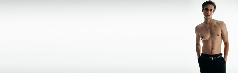 Fototapeta premium muscular and shirtless man in black trousers posing with hands in pockets on white, banner