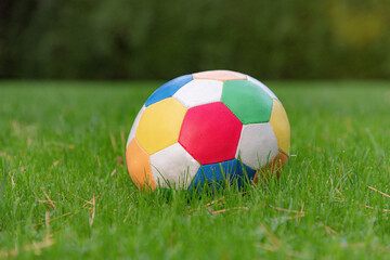 Plakat A colored soccer ball lies on the green grass.