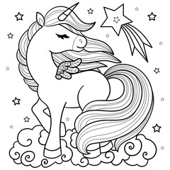 A beautiful unicorn with a long tail. Black and white linear drawing. For the design of coloring books, postcards, prints, posters, stickers, tattoos and so on. Vector © Zerlina