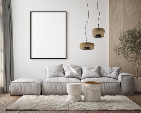 mock up poster frame in modern interior background, living room, Contemporary style, 3D render, 3D illustration © mtlapcevic