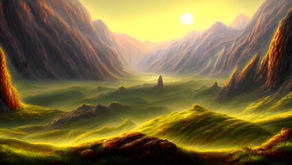 Fototapeta na wymiar mountains with trees, meadow, clouds and mist - valley landscape wallpaper - fantasy - painted illustration - concept art - background