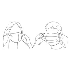 Vector illustration of a person putting on a mask drawn in line-art style