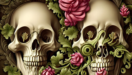 skull, crossbones, ornaments and flowers - beautiful classical holy decorative ornament - sacred skulls, acanthus scrolls, lilies, ivy - digital painting