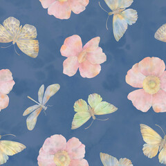 Seamless pattern of butterflies dragonflies and flowers.