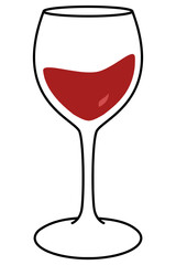 The wine glass partially filled with red wine