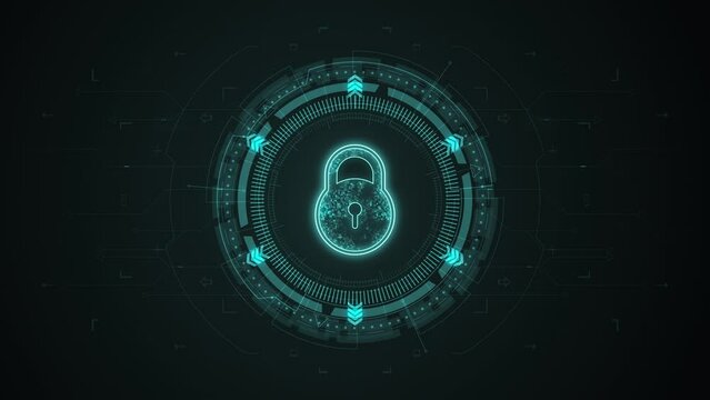 Motion graphic of Blue digital security key logo with rotation HUD UI circle technology interface and futuristic elements abstract background network secure concepts