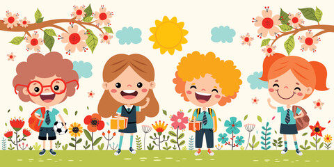 Fototapeta premium Cartoon Drawing Of Little Students