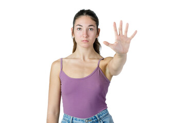 Woman gesturing stop sign with hand - Domestic and sexual violence concept. White background.