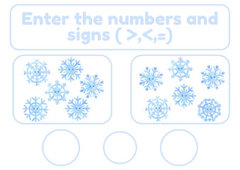 Activity page, sheet for kids. A mathematical task for comparing numbers. Winter game for teaching a child. Exercise with a snowflake pattern. Counting lesson for preschooler more, less, equal