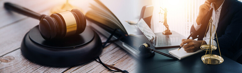 Business and lawyers discussing contract papers with brass scale on desk in office. Law, legal services, advice, justice and law concept picture with film grain effect