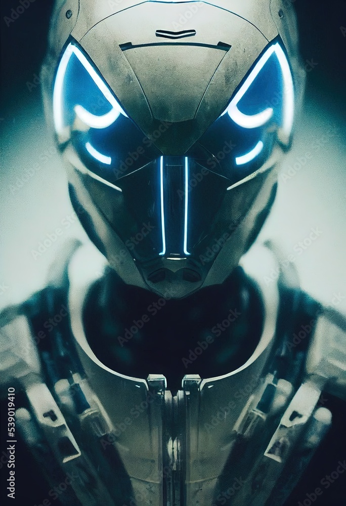 Canvas Prints cyborg with luminous eyes on black background. front view of science fiction cyborg. robot with arti