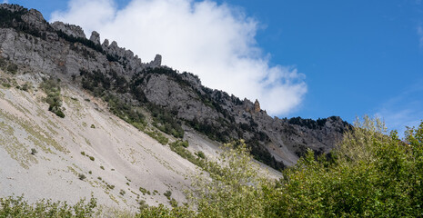 magnificent view of a long glacial forested valley through cloud topped Spanish Pyrenees mountains