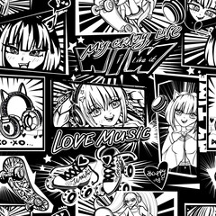 Anime girl seamless pattern with street art style wording, headphones with cat ears, rollers skates, skateboards, comic boards. Black and white girlish comics repeat print  © Kseniia Koval
