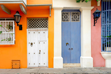 Beautiful facades of cheerful colors in a neighborhood of the city.