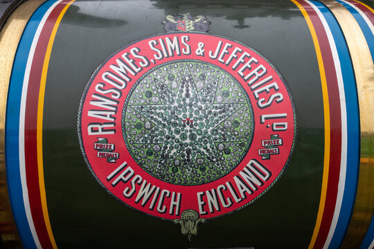 Close up of the logo on a restored Ransomes Sims and Jefferies traction engine