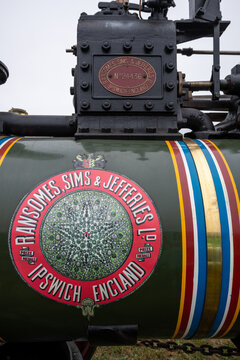Close up of the logo on a restored Ransomes Sims and Jefferies traction engine