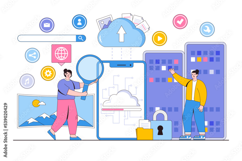 Poster flat business technology mobile cloud computing service with team administrator and developer workin