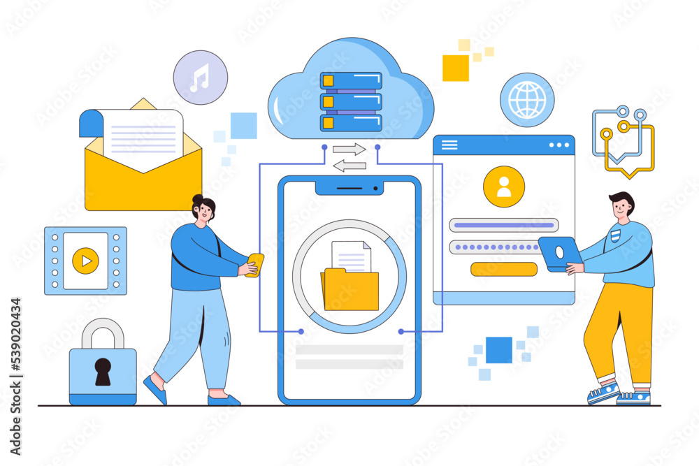 Poster flat business cloud technology on mobile phone or smartphone device with team administrator and deve