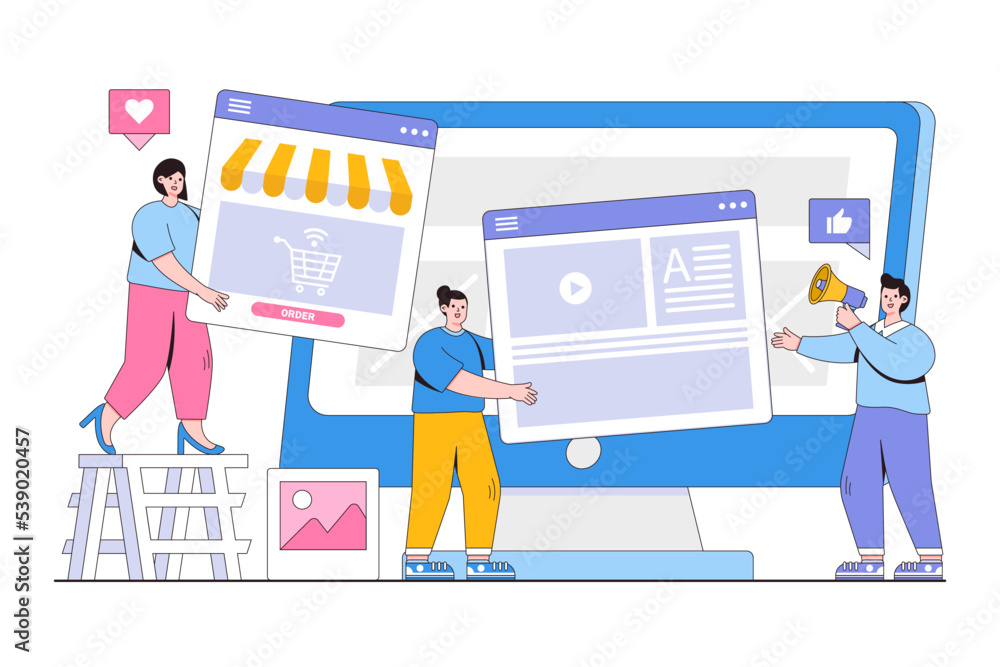 Poster flat developer and designer team create online shop or store concept. outline design style minimal v