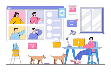 Flat work at home with woman remote working on the laptop concept. Outline design style minimal vector illustration