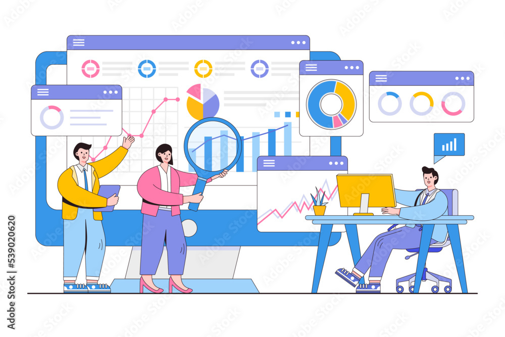 Poster flat business people analytics and monitoring finance report graph on monitor concept. outline desig
