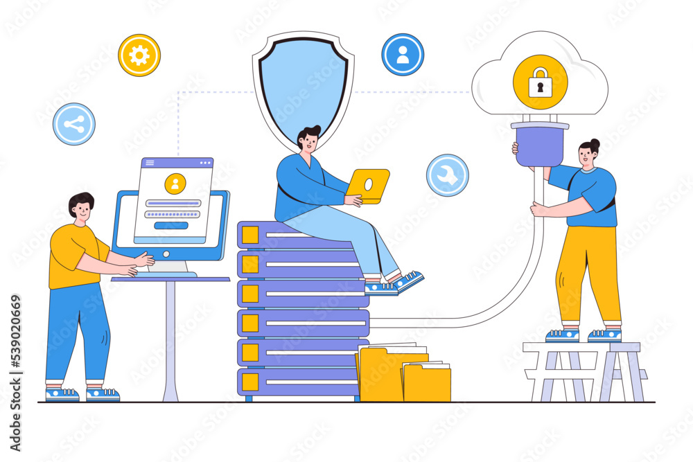 Poster flat business technology cloud storage and server service with administrator and developer working o