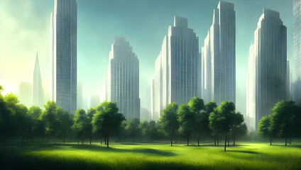 Obraz premium futuristic imposing bright utopia city buildings - small trees in foreground and skyscrapers in the background