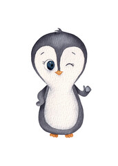 Hand-drawn watercolor penguin illustration isolated on white background.