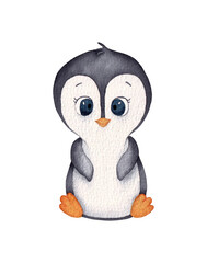Hand-drawn watercolor penguin illustration isolated on white background.