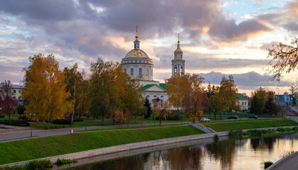 Evening city Orel. Cathedral of Michael the Archangel. Russia October 2022