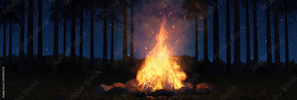 Wall mural 3d rendering of big bonfire with sparks and particles in front of forest