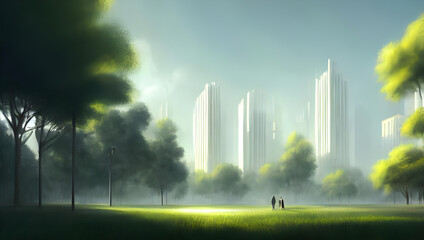 Ecological modern future city with trees and a park in the morning