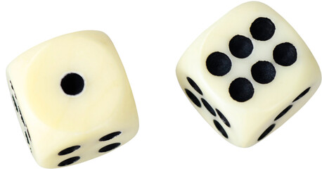 White dices in midair on white background close up