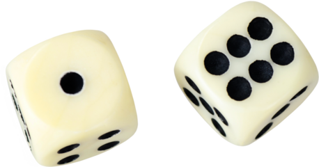 White dices in midair on white background close up