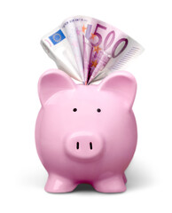 Piggy bank and several euro banknotes on white background