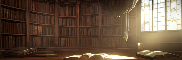 beautiful old fantasy library, background banner © dottedyeti