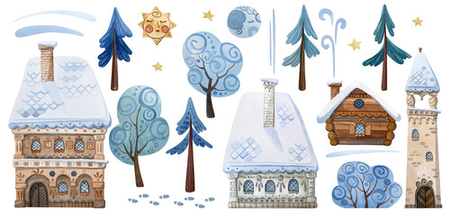 Set of winter watercolor illustrations of houses, towers, fir trees, trees.