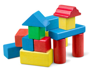 Toy wooden blocks stack, tower of blank multicolor box cubes over white background